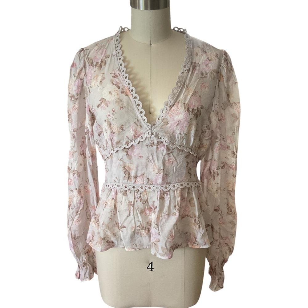 Floral Puff Sleeve Floral Lace Trim Blouse - Pink NWT